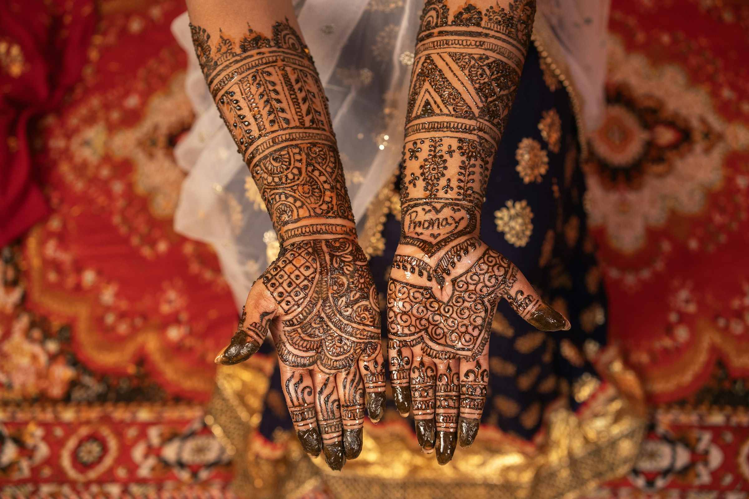 A bride's hands and arms covered in fine mehndi, over a red and gold sari